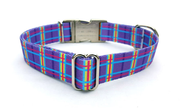Spring Plaid Polyester Webbing Dog Collar with Laser Engraved Personalized Buckle - PURPLE - Flying Dog Collars