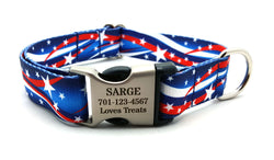 Star Spangled Polyester Webbing Dog Collar with Laser Engraved Personalized Buckle - Flying Dog Collars