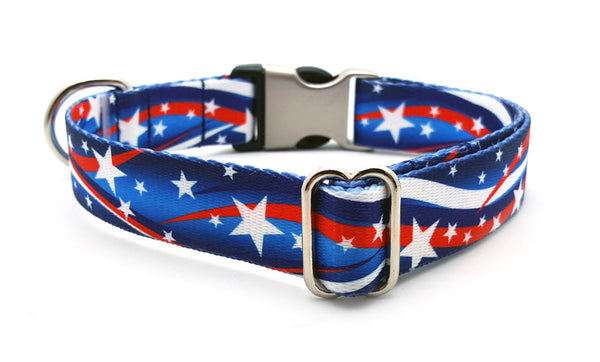 Star Spangled Polyester Webbing Dog Collar with Laser Engraved Personalized Buckle - Flying Dog Collars