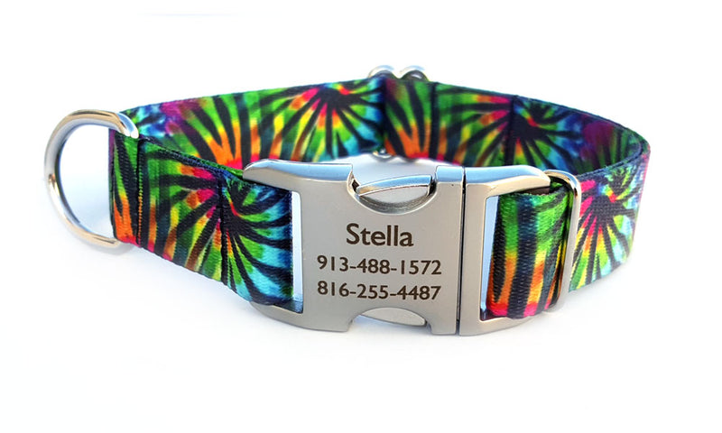Tie Dye Stripes Polyester Webbing Dog Collar with Laser Engraved Personalized Buckle - Flying Dog Collars