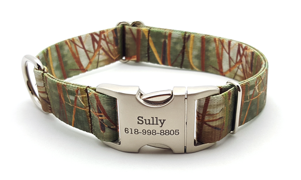 Waterfowl Camo Polyester Webbing Dog Collar with Laser Engraved Personalized Buckle - Green - Flying Dog Collars