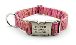 Waterfowl Camo Polyester Webbing Dog Collar with Laser Engraved Personalized Buckle - Pink - Flying Dog Collars