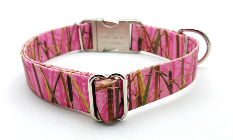Waterfowl Camo Polyester Webbing Dog Collar with Laser Engraved Personalized Buckle - Pink - Flying Dog Collars