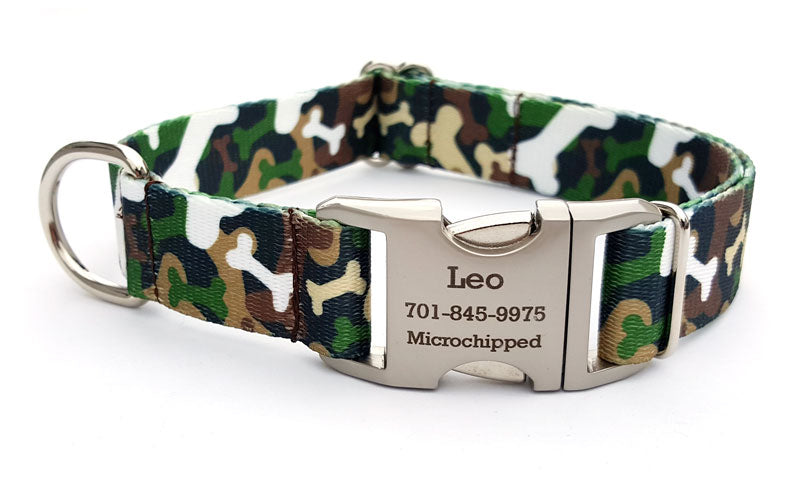 Camo Bones Polyester Webbing Dog Collar with Laser Engraved Personalized Buckle - WOODLAND - Flying Dog Collars